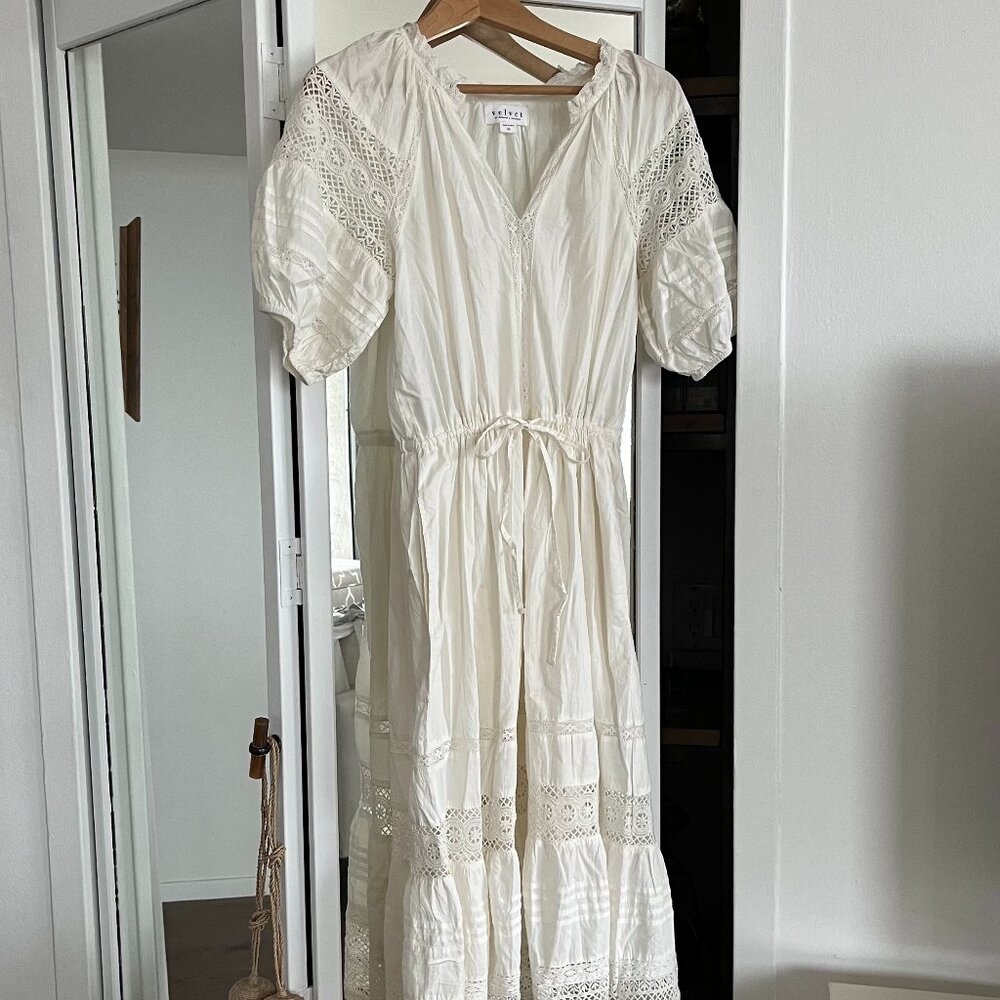 Velvet Cream Crochet Trim Peasant Dress